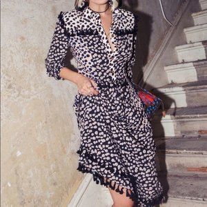 NEVER FULLY DRESSED Leopard Print Midi Dress Medium Beige Black Tassel Trim Pom
